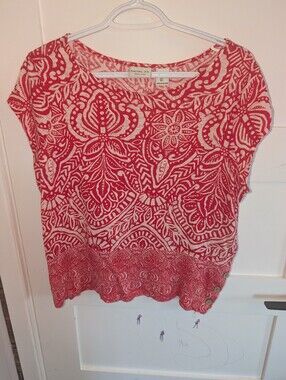 Rachel Zoe Red & White Printed Scoop Neck Women's Top 100% Linen